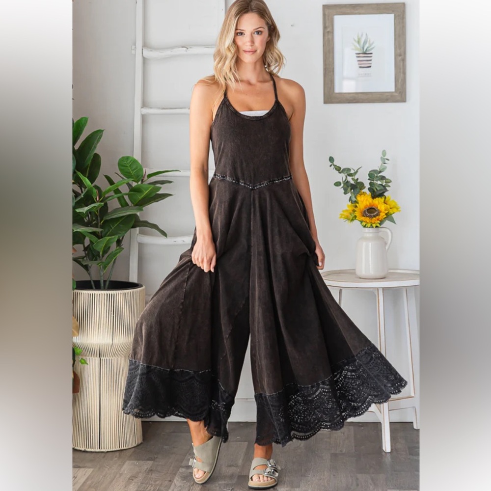 Oli & Hali Mineral Wash Black Wide-Leg Jumpsuit with Lace Trim